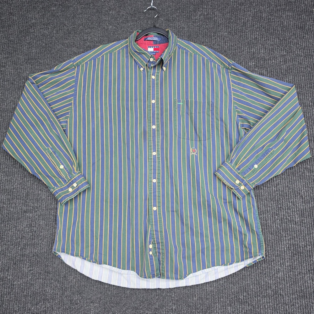 Tommy Hilfiger Mens XL Long Sleeve Striped Button Down Shirt Green Blue Yellow